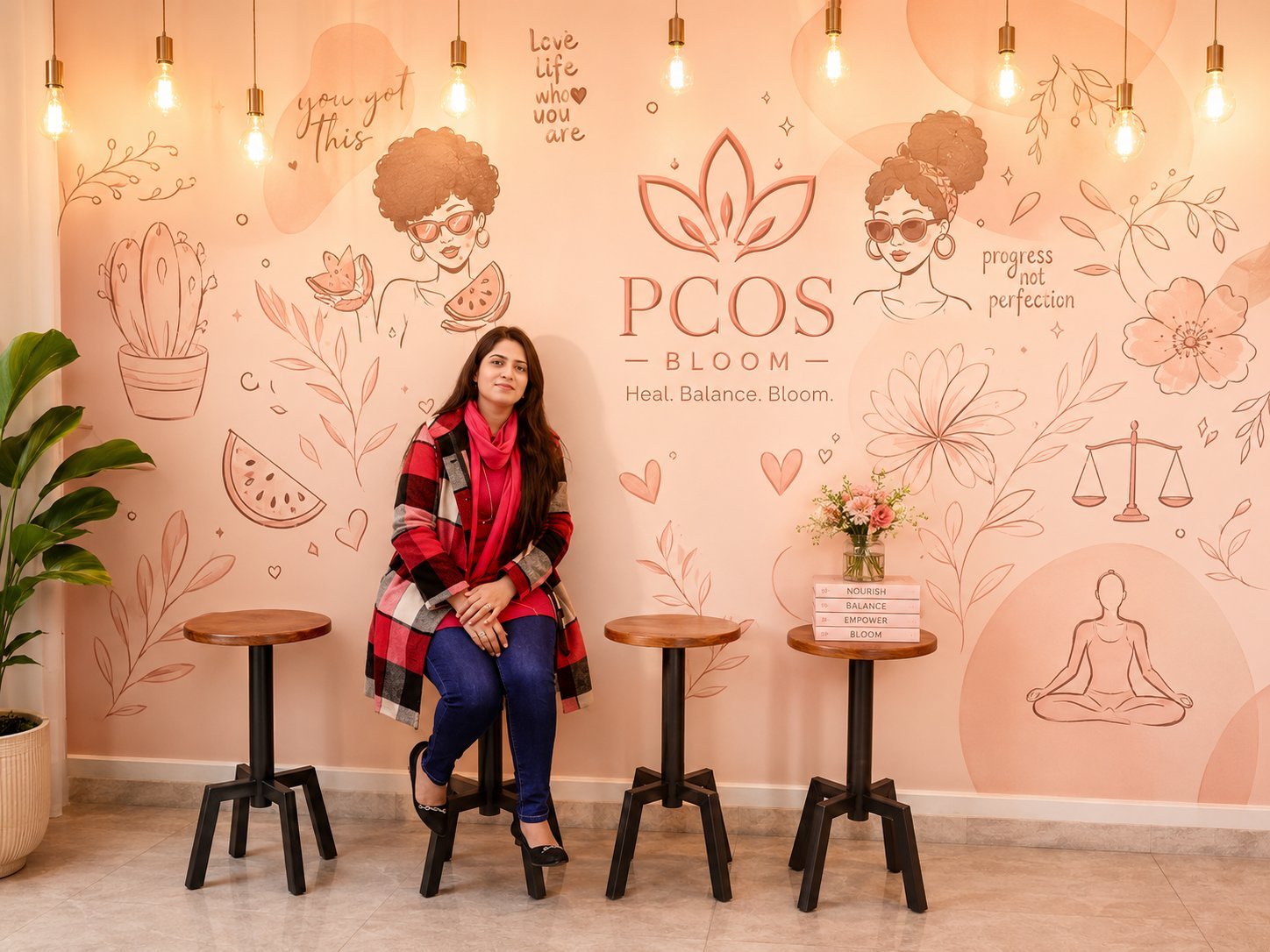 Tayyaba, founder of PCOS Bloom, in front of the PCOS Bloom mural