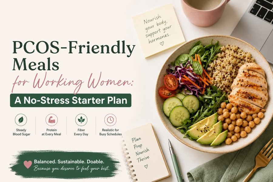 A balanced PCOS-friendly meal bowl with protein, vegetables, and whole grains